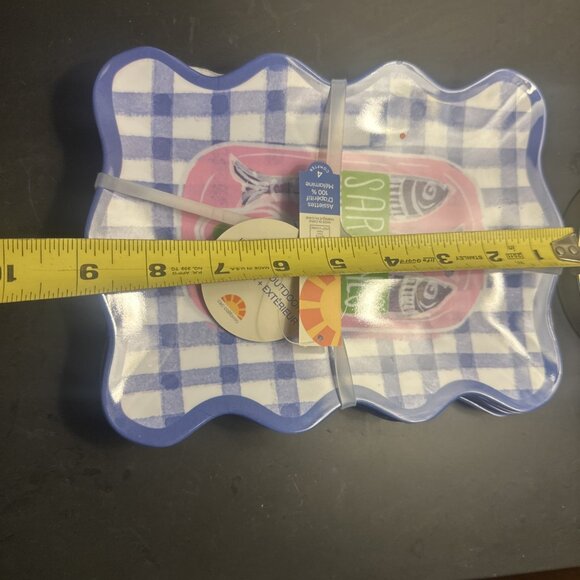 Set Of 4 C&C Cali Assorted SARDINES Melamine Appetizer Plates Nautical Blue - Picture 7 of 7